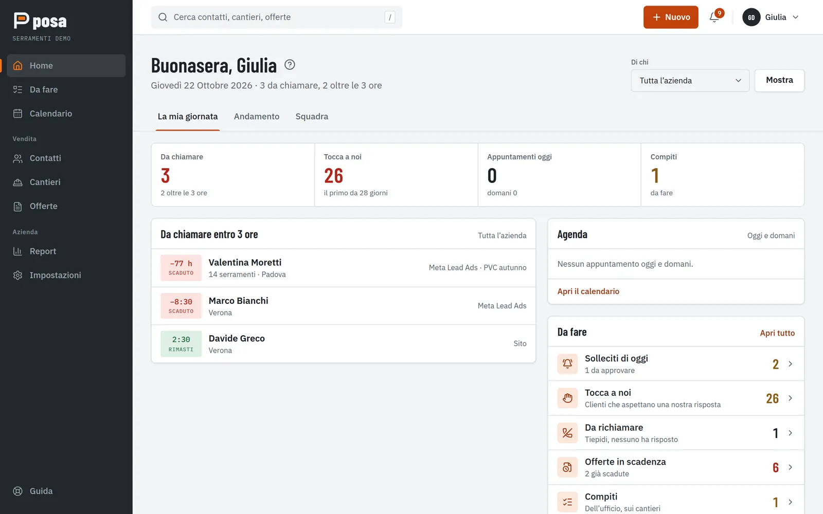 Home di Posa CRM: contatti da chiamare entro 3 ore con il conto alla rovescia, solleciti, offerte in scadenza e compiti